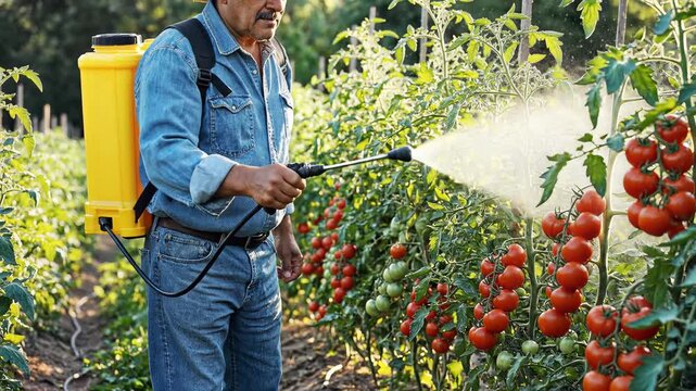 Farmer spraying tomato plants with pesticide in a garden.