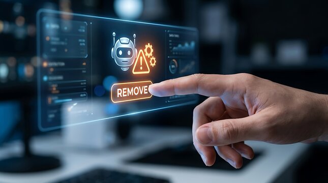 Human finger touching a digital interface with a robot icon and remove button on futuristic screen