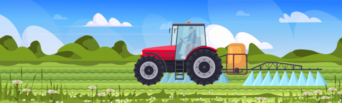 Red tractor spraying crops in a green farm field under blue sky. Modern irrigation and farming technology. Farmer work season. Vector Not AI generated.