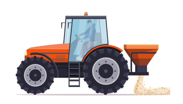 Orange tractor spreading winter road treatment substances on the surface to prevent ice formation and ensure safe driving conditions. Road maintenance vehicle symbolizing safety, transportation. 