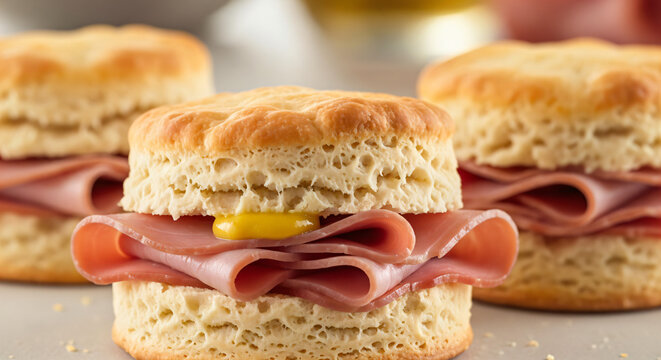 A close-up, food photography shot features three ham and biscuit sandwiches, with the central sandwich in sharp focus. The central sandwich has a visible dab of bright yellow mustard on the ham.