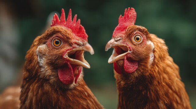 Chickens chat humorously outside