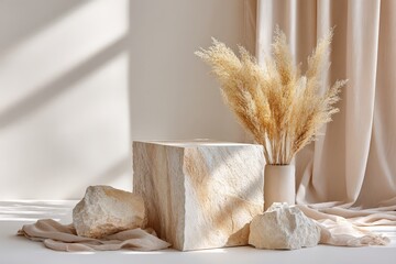 Minimal stone podium with natural dried decor
