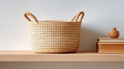 Fototapeta premium Natural woven basket with handles on a wooden shelf, minimalist decor.