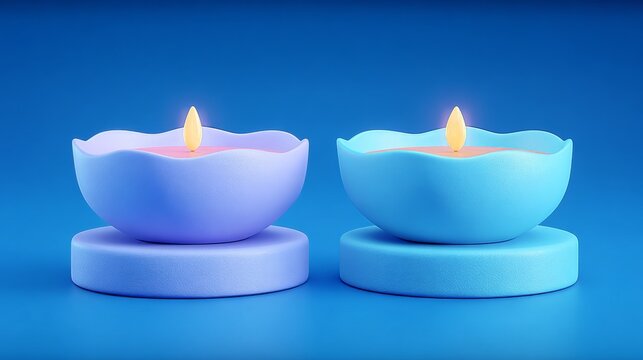 Two colorful candles in blue and purple sit on circular bases against a blue background.