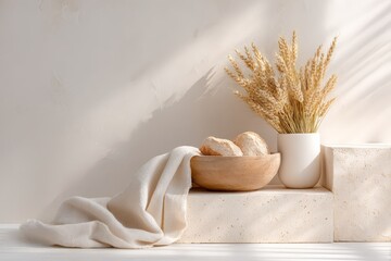 Cozy minimal still life with bread and wheat decor