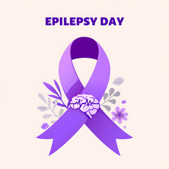 Fototapeta premium A purple ribbon surrounds a brain illustration with flowers and leaves for Epilepsy Day.