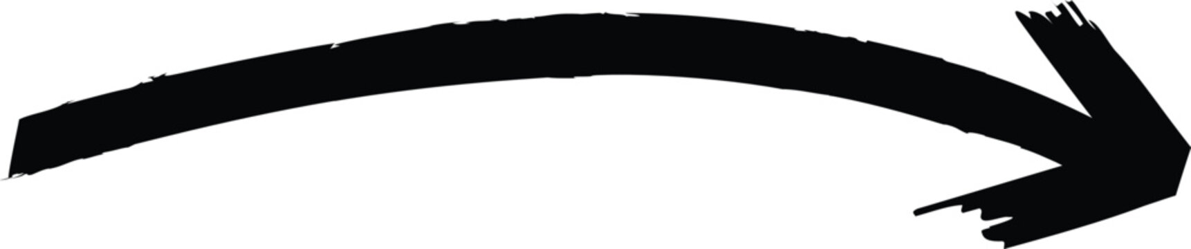Black curved arrow symbol with rough dry brush stroke texture on a plain white background
