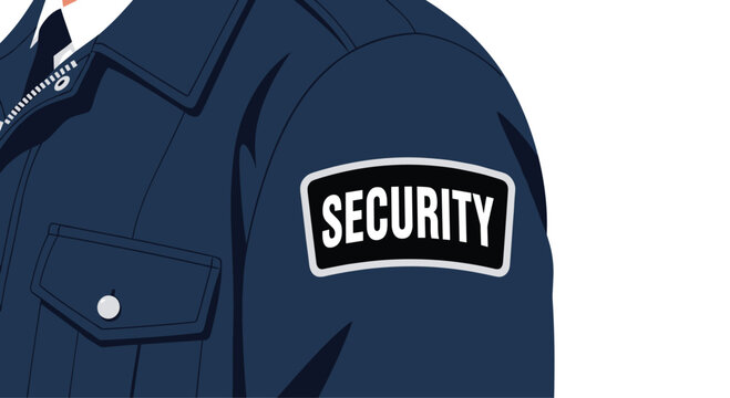 A detailed close-up view of a dark blue professional security uniform shoulder displaying a bold black and white embroidered identification patch for personnel.