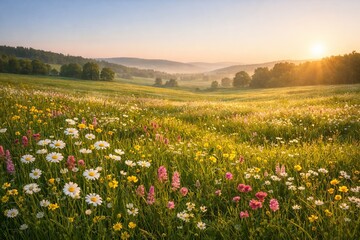 Fototapeta premium Wide Spring Meadow with Wildflowers and Golden Sunlight – Peaceful Countryside Nature Landscape 