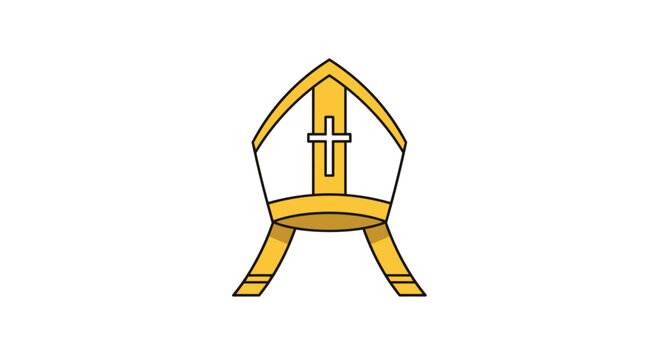 Vibrant stylized cartoon illustration of a white and yellow bishop's hat featuring bold black outlines and two decorative hanging lappets on a white background.