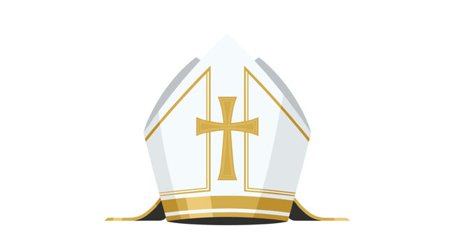 Meticulous flat vector illustration of a ceremonial white bishop's mitre featuring a prominent gold cross and intricate decorative trim on a white background.