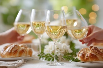 Celebration toast with wine glasses and festive bread