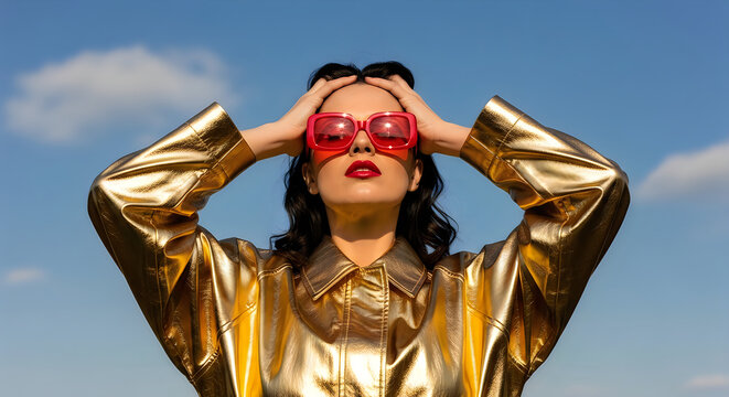 A striking portrait of a woman in a golden outfit and red sunglasses gazing upwards with a dramatic and fashionable pose against a blue sky