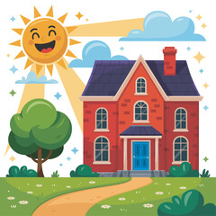 Naklejka premium Two-story red brick suburban house with a garden path and happy sun in a bright blue sky, isolated vector