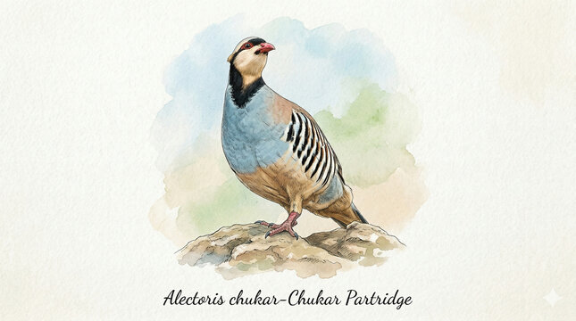 A realistic watercolor illustration of the Chukar Partridge (Alectoris chukar) standing majestically on a rocky outcrop.