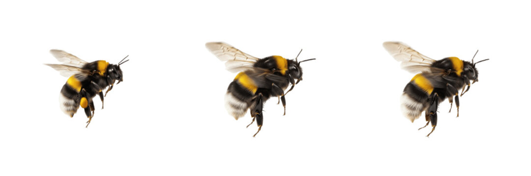 Set of Realistic Flying Bumblebees Side View Isolated on Transparent Background PNG