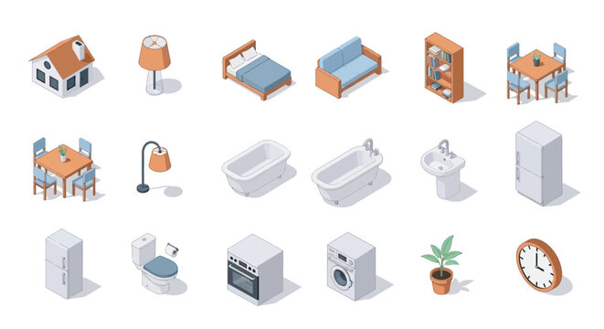 Isometric icons of home furnishings and appliances.