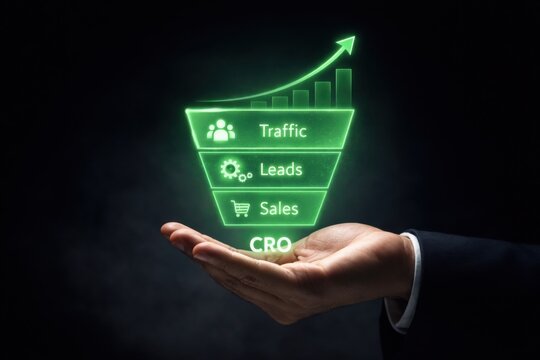 Conversion Rate Optimization Funnel Showing Traffic Leads and Sales Growth with Upward Trend