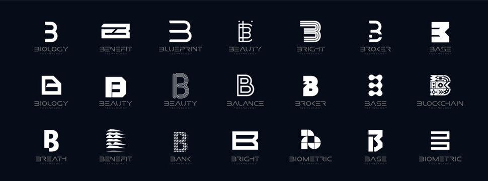 Letter B Logo Collection in Futuristic Tech Style, Modern Geometric Minimalist Creative Branding for Business Identity Design. Monogram Set for Startups, Businesses, Companies. Vector Illustration
