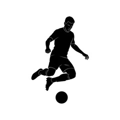 Fototapeta premium Black silhouette of a soccer player jumping and dribbling a ball isolated on white background