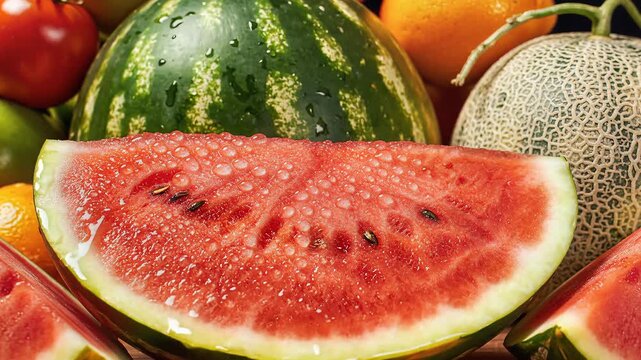 Closeup of fresh juicy watermelon slice with water droplets surrounded by other fruits.