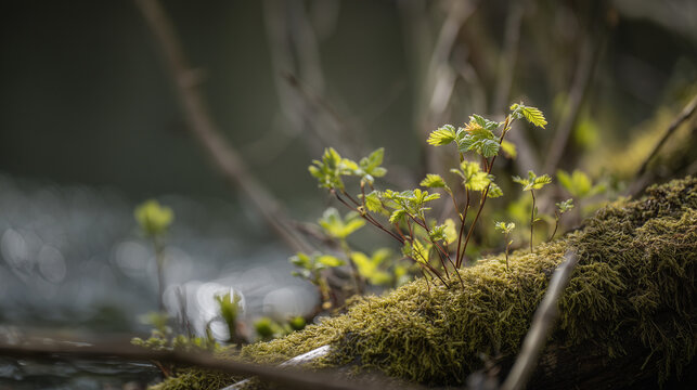 Small green plants growing on mossy branch in forest with soft natural light macro nature concept ideal for ecology themes sustainability and organic design