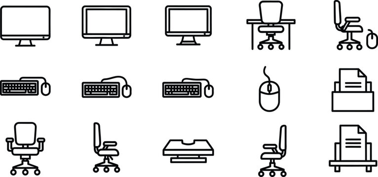 Line style office furniture and computer equipment icons set including monitor computer desk chair keyboard mouse printer and scanner on white background