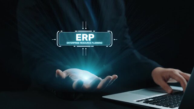 ERP platform visual showing centralized system for enterprise resource planning, improving integration, data flow, business efficiency, finance, inventory, and human resources. Elide