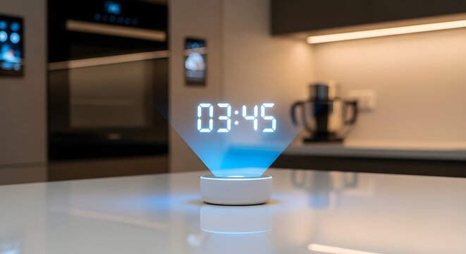 Digital clock projecting time in a modern kitchen
