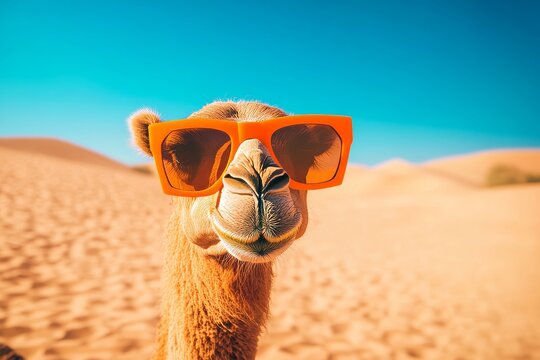 Camel in orange sunglasses poses in desert with sand dunes and blue sky