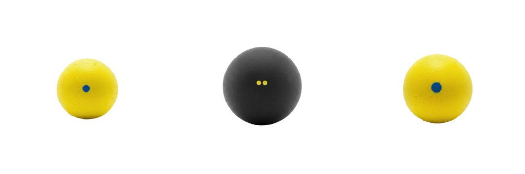 set and collection professional squash balls yellow dot and blue dot sports equipment for indoor court games isolated on white transparent png background