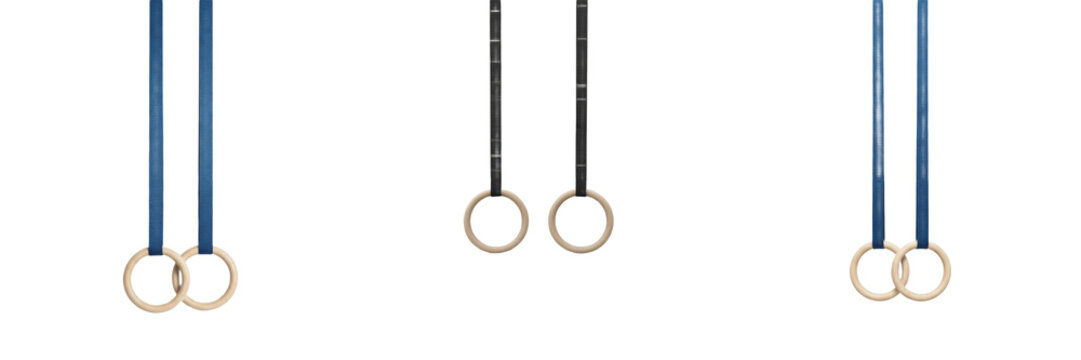 Set and collection of gymnastics rings for professional athletic training and indoor bodyweight strength competition equipment isolated on white transparent png background