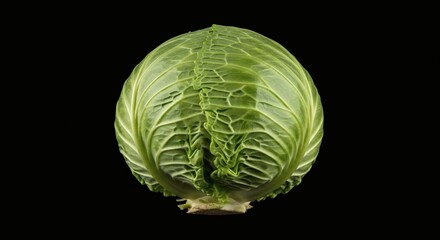 Fototapeta premium Green Cabbage Head Whole Pure Black Background Isolated 4K RAW