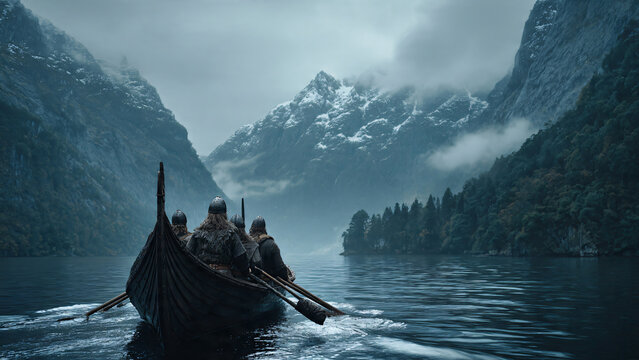 Barque de vikings navigant sur l'eau 