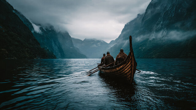 Barque de vikings navigant sur l'eau 