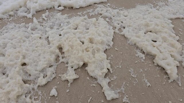 Caloundra, Australia - 15 March 2026. Close-up of sea foam spread across wet sand, broken into uneven clusters and slowly shifting with wind movement.