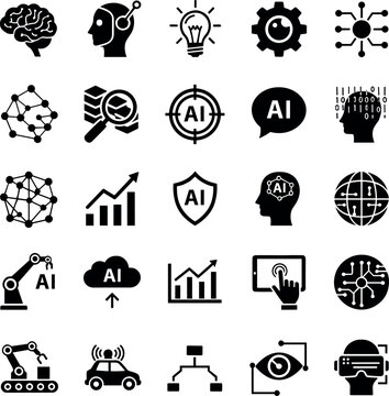Artificial intelligence icons set, machine learning, automation, neural networks, robotics, cloud computing, data analysis, innovation, digital connectivity, future technology, AI solutions, smart sys