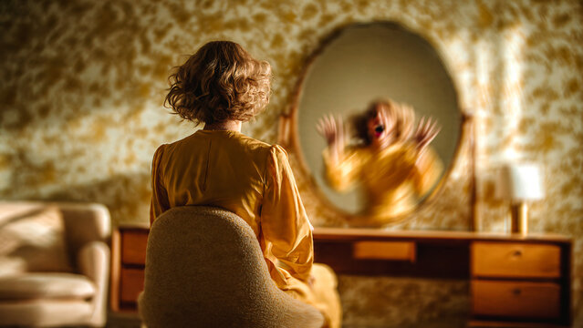 Femme avec reflet diff&eacute;rent dans le miroir, sc&egrave;ne retro