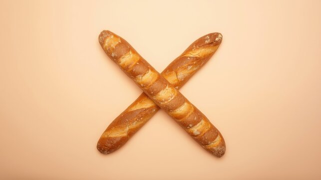 Two freshly baked french baguettes crossed on a beige background golden crust