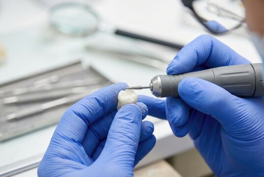 Dental technician working on a ceramic tooth crown with a dental drill