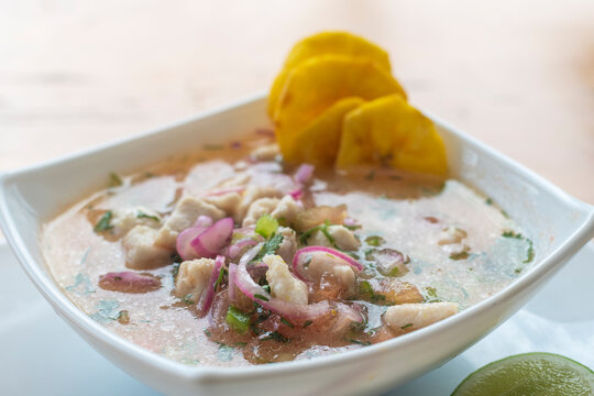 Traditional Ecuadorian fish ceviche served fresh in a bowl, a popular coastal seafood dish with citrus, onion and authentic local flavor.