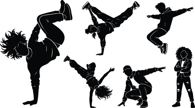 Black and white vector silhouettes of five breakdancers and one standing streetwear figure in dynamic poses