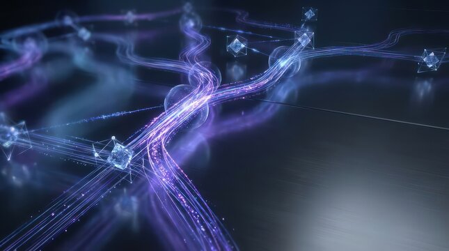 Protected signal flow through structured enterprise pathways with violet data trails and clean copy space for cybersecurity infrastructure and system logic header