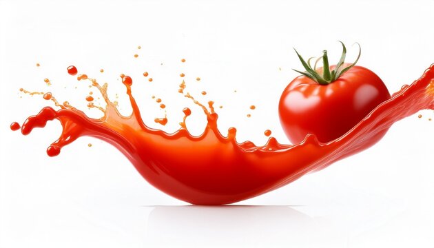front view of an organic wave shaped tomato juice splash isolated on a white white background