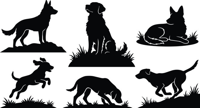 Black and white dog silhouettes in six poses with grass bases