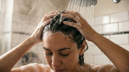 Naklejka premium Young woman washing hair with shampoo in home bathroom shower. Close up of girl cleaning head with foam. Morning hygiene routine, hair care and wellness concept with water drops.