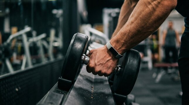 Close up of muscular male arm lifting heavy dumbbell in gym, fitness tracker on wrist, strength training, bodybuilding, workout motivation, professional athlete exercising indoors.