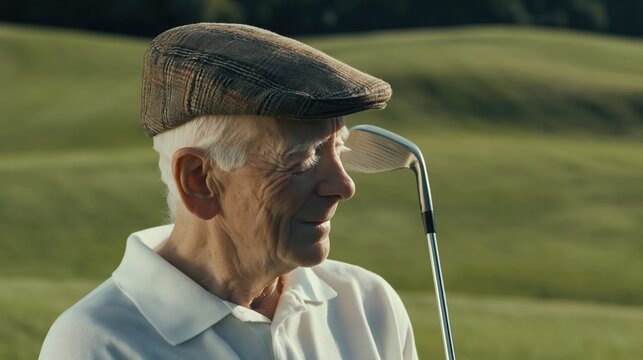 Elderly man in flat cap with golf club on a sunny day at the golf course