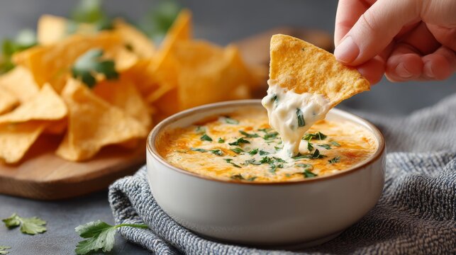 Delicious cheesy dip with tortilla chips, perfect for snacking and sharing.